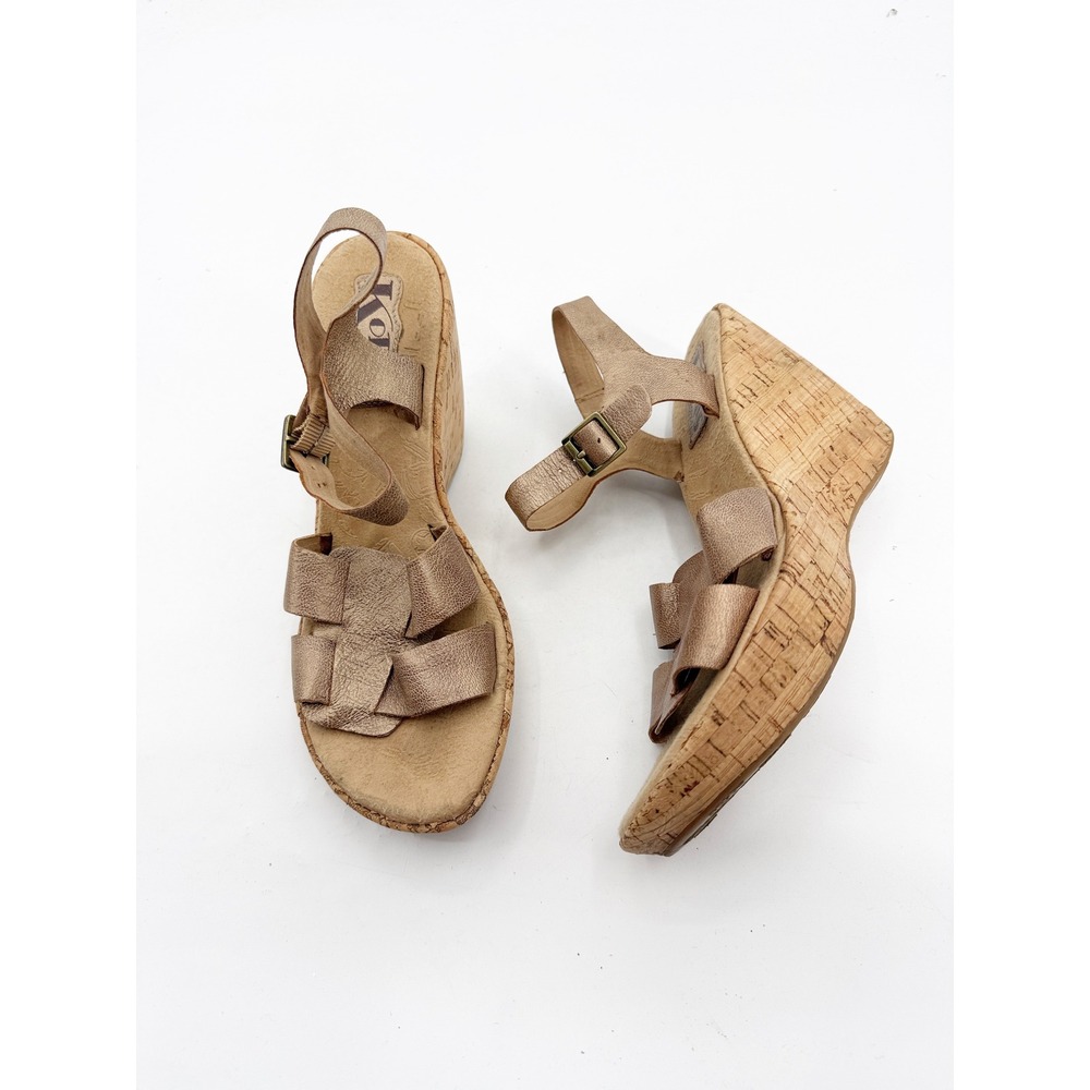 Kork-ease Brie Metallic Gold Cork Wedge Sandals Strappy Ankle Strap Size 9 40.5